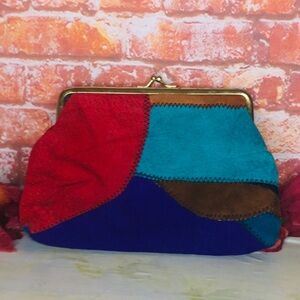 Vintage 70s Colorful Patchwork Kiss-lock Suede Clutch